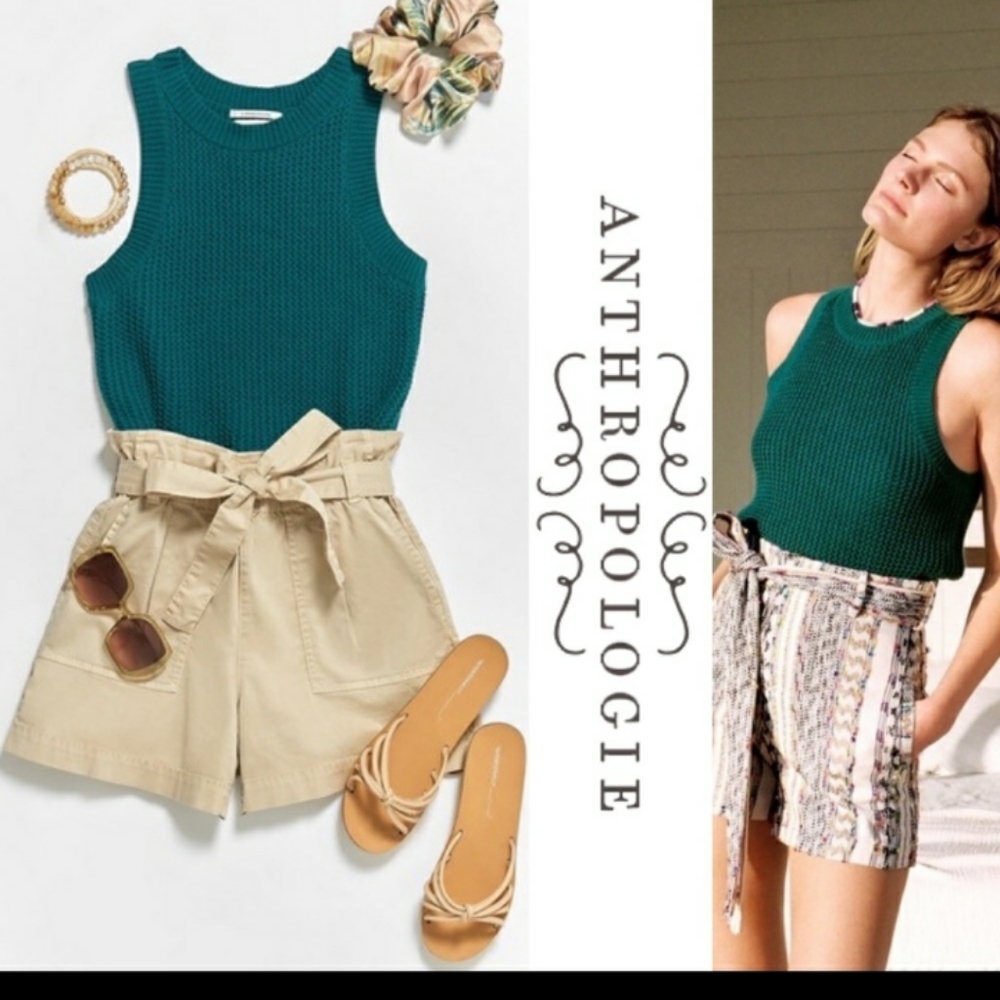 NWT Anthrpologie Quinn Green Sweater Vest Knit Top Sleeveless 100% C…